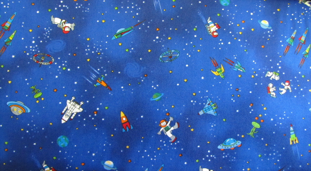 Space Ships and Space Men, Stars, Earth on Royal Blue - Click Image to Close